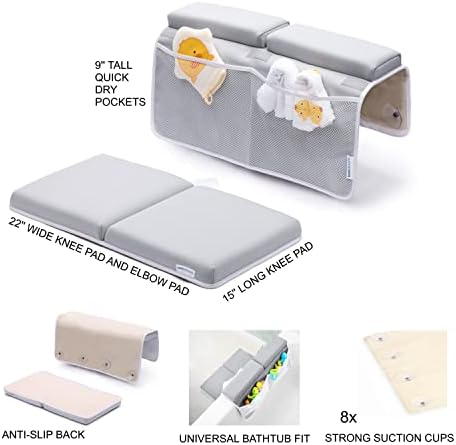 Bath Kneeler and Elbow Rest Pad, 1.75 inch Extra Thick Baby Bath Kneeling Mat and Elbow Pads for Bathtub. Bath Tub Cushions with Infant Toy and Baby Accessories Organizer, Grey