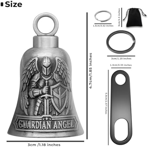 St. Michael Motorcycle Bell Guardian Angel Gremlin Biker Bells for Luck with Motorcycle Bell Hanger, 2 Key Chain Ring Accessories, Velvet Pouch