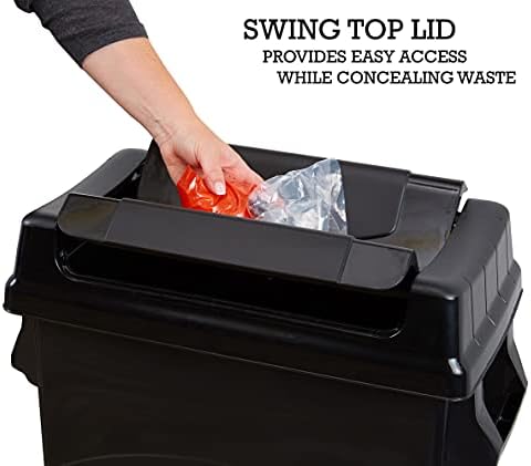 United Solutions Highboy Waste Container with Swing Lid, 23 Gallon, Space Saving Slim Profile and Simple Bag Removal, Handles for Easy Carrying, Indoor/Outdoor Use, Plastic, Black, 1-Pack.