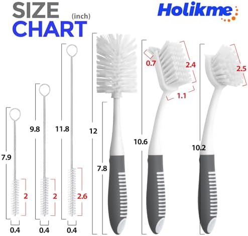Holikme 6 Pack Dish Brush Set with Bottle Brush, Dish Scrub Brush,Gray