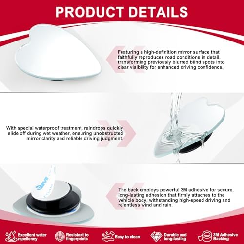 LivTee Blind Spot Mirrors, Heart Shaped HD Glass Frameless Convex Rear View Mirrors, Wide Angle Adjustable Stick for Side Mirror, Automotive Exterior Accessories for Car, SUV & Trucks, Pack of 2