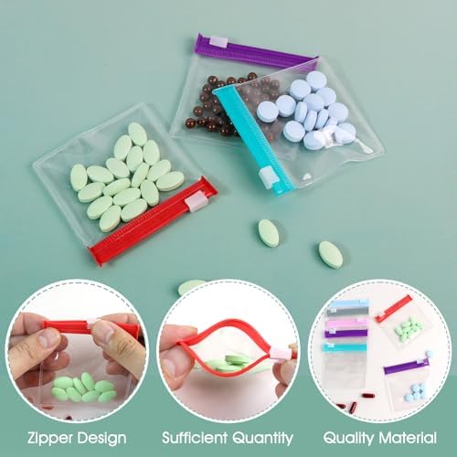 Reusable Zippered Pill Pouch with Slide Lock - 14 Piece Set in 7 Colors - Travel Pill Case for Medicine, Qtips & Small Items - Compact Pill Bags for Trave