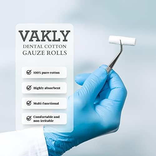 Vakly Dental Cotton Rolls #2 Medium 1.5 in (100 Count) – 100% Absorbent Non-Sterile Cotton Rolls for Dental Use, Mouth Gauze & Nosebleeds