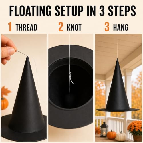 Halloween Witch Hats Decorations, 10 PCS Hanging Floating Witch Hats Bulk with 157FT Fishing Line, Black Wizard Hat Decor for Outdoor Indoor Porch Yard Party Supplies Costume Accessory
