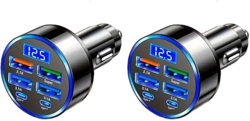 120W 5-Port Car Charger with PD Fast Charging & LED Voltage Display – USB C Cigarette Lighter Adapter (4 USB + 1 PD) for iPhone, Android & Multiple Devices