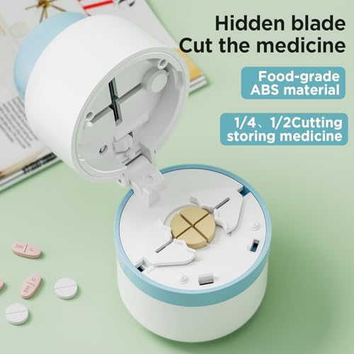 Pill Cutter 1/4 - Pill Splitter with Stainless Steel Blade for Cutting Small Pills or Large Pills in one Fourth, Suitable for Cuting Vitamins, Tablets (1-4 Blue)