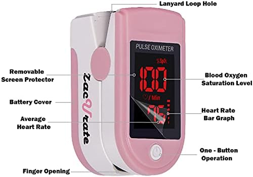 Zacurate Pro Series 500DL Fingertip Pulse Oximeter Blood Oxygen Saturation Monitor with Silicone Cover, Batteries and Lanyard (Blushing Pink)