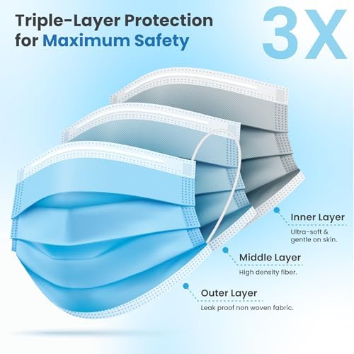 PURE GEM 150-Pack Blue Disposable Face Masks, 3-Ply, Nose Clip and Earloops