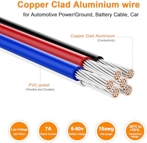 VIABRICO 10 Gauge Wire, for Automotive Power/Ground, Battery Cable, Car Audio, RV, Amp, CCA, Automotive Wire, Amp Kit, Battery Cables, Wiring Kit, (30 feet Each- Black/Red)