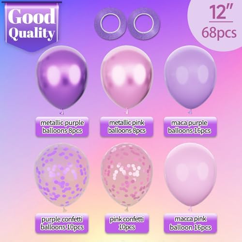 Pink and Purple Balloons, 68PCS 12 Inch Metallic Purple Pink Confetti Latex Balloons with Ribbon, Party Balloons for Girls Birthday Baby Shower Wedding Party Decorations
