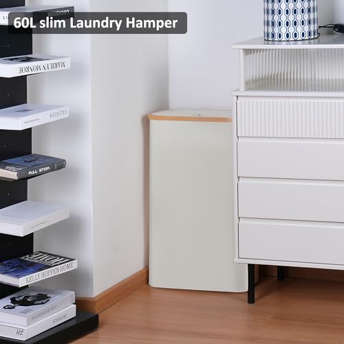 Slim Laundry Hamper,Narrow laundry Hamper with Lid,60L Hamper for Laundry,Dirty Cloth Hamper with Bamboo Handle for Towels, Clothes Organizing,Beige