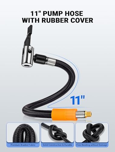 LUMITECO Tire Inflator Hose Adapter with 360-Degree Swivel Tire Air Chuck, 11 Inch Lock On Air Hose with Rotating Nozzle & Converting Nuts, Schrader Valve Adapter for Tire Pump Connect Air Compressor