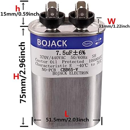 BOJACK 7.5 uF ±6% 7.5 MFD 370V/440V CBB65 Oval Run Start Capacitor for AC Motor Run or Fan Start and Cool or Heat Pump Air Conditione