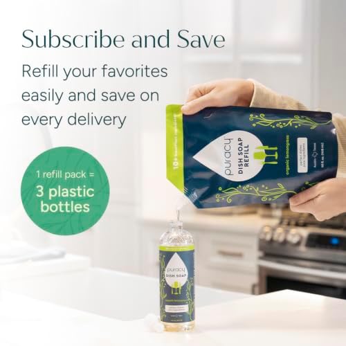 Puracy Natural Dish Soap Refill - Skin-Softening Plant-Based Liquid Dishwashing Detergent Soap, Clean-Rinsing Water-Sheeting Formula (Organic Lemongrass, 48 fl oz)