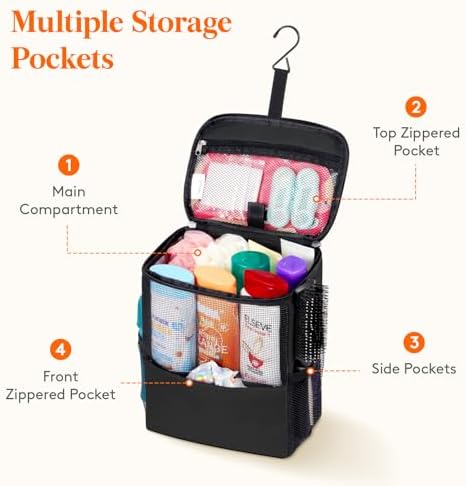 Lifewit Shower Bag Mesh Shower Caddy Portable College Dorm Room Essentials Tote Bag for Bathroom, Gym, Travel, Camping Quick Dry Hanging Shower Organizer Basket Toiletry Bag, Medium, Black