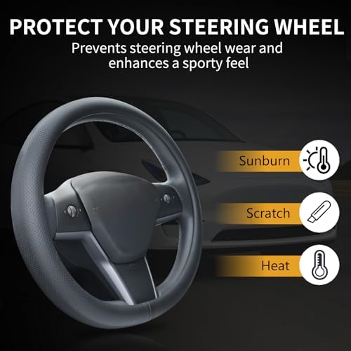 Uxcer Nappa Leather Steering Wheel Cover Compatible with Tesla Model 3/Y 2016-2025 2026 Juniper/Highland, Non-Slip Breathable Model 3/Y Steering Wheel Protector, Black