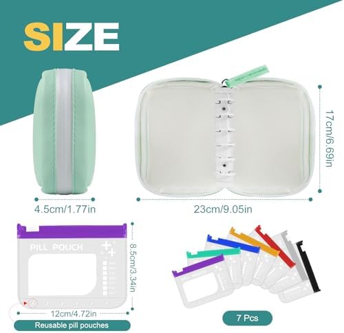 Timueetech A7 Waterproof Pill Organizer with 7 PCS L Size Zippered Pill Pouches for A7 Binder, Large BPA-Free Weekly Medicine Organizer, Color-Coded Reusable Travel Pill Storage System