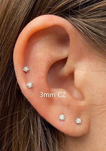 Renkovte Flat Back Screw Back CZ Stud Earrings, Small Cubic Zirconia Stud Earrings for Helix Cartilage Tragus Earlobe Piercing for Women (2mm 3mm 4mm Gold Color)