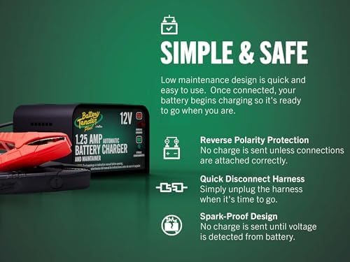 Battery Tender Plus 12V 1.25 AMP Car & Motorcycle Battery Charger and Maintainer, Float Charge for Automotive, and ATVs - Smarter Than a Trickle Charger