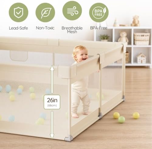 Uanlauo Beige Small Baby Playpen - 47x47in Playpen for Babies and Toddlers