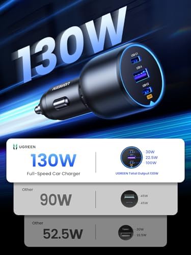 UGREEN 130W 3-Port USB C Car Charger, Type C Cigarette Lighter Adapter