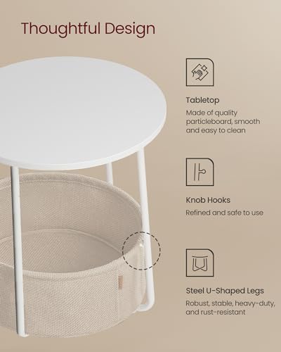VASAGLE Small Round Side End Table, Small Nightstand with Fabric Basket