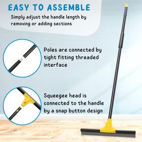 Squeegee Broom for Floor, 18'' Heavy Duty Rubber Wiper with 60'' Long Handle for Bathroom Tile, Garage Concrete, Deck Cleaning