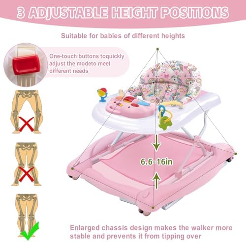 5 in 1 Foldable Baby Walker, Activity Baby Walker-Baby Bouncer, Rocker, Activity Center,Seat and Push Walker,Detachable Trampoline Mat, Adjustable Speed Rear Wheels and Height,Ages 6-18 Months(Pink)