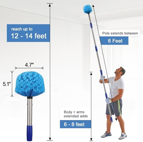 Cobweb Duster with Extension Pole - 6 FT Lightweight Stainless Steel Extendable Duster Ceiling Fan Duster for High Ceilings, Medium Stiff PET Bristle Spider Web Brush for Indoor/Outdoor Cleaning