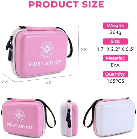 Small First Aid Kit - 165 Piece Dual-Color Emergency Medical Kit with Hard Shell & Fluorescent Exterior Coating, Emergency First Aid Kit for Home, Car, Travel, Hiking & Outdoor(Pink/White)