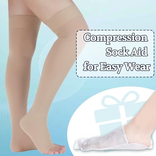Lin Performance 15-20 mmHg Compression Stockings for Women & Men, Thigh High Dot-Top Open Toe, Leg Support for Daily & Travel Comfort Socks (Beige,M)