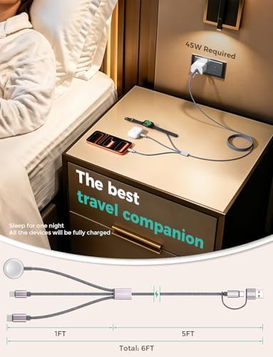 Travel Essentials,3 in 2 USB C Cable for Apple Watch Charger,iPhone Charger,Multi Charging Cable,Cruise Vacation Camping Essentials for iWatch Series 11-2/Ultra,iPhone 17-12,Car Accessories,Grey-6FT