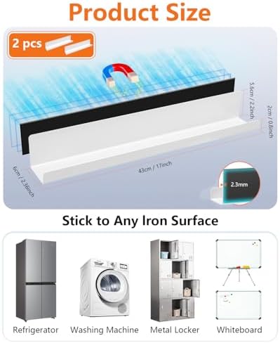 2-Pack Magnetic Book Shelf for Whiteboard - 17 Inch Reusable Metal Magnetic Shelves, Holds 12.5 lbs, Back to School Supplies for Classroom, Walls & Home Decor - White