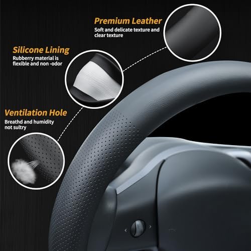 Uxcer Nappa Leather Steering Wheel Cover Compatible with Tesla Model 3/Y 2016-2025 2026 Juniper/Highland, Non-Slip Breathable Model 3/Y Steering Wheel Protector, Black