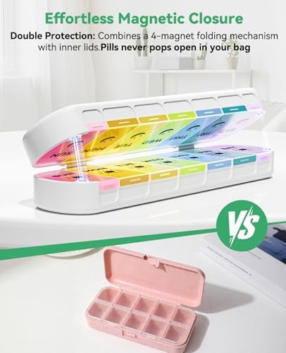 Foldable Weekly Pill Organizer 2 Times a Day - Magnetic Moisture-Proof 7 Day Pill Box AM PM, Portable Travel Medicine Organizer with Removable Lids for Vitamins, Supplements and Fish Oils (Multicolor)
