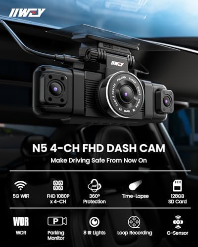 IIWEY N5 4 Channel Dash Cam for Cars, 360° View 2K Front 1080P Rear Inside