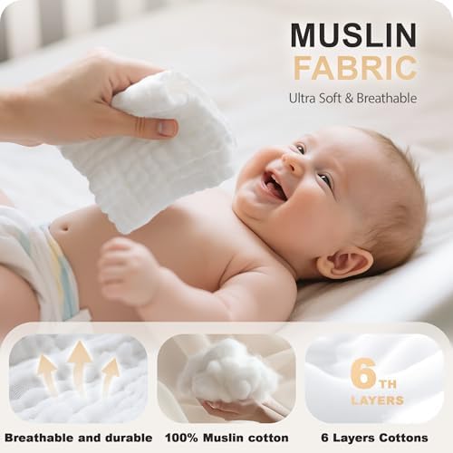 Cuddle Campus 6 Pack Muslin Baby Washcloths, Burp & Wash Cloths for Babies