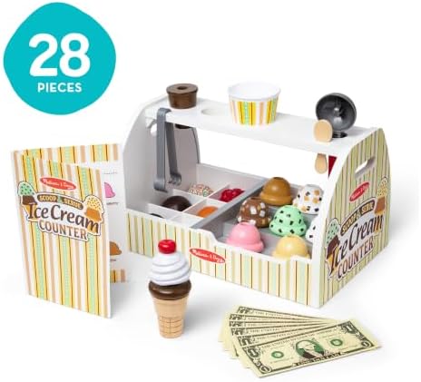 Melissa & Doug Wooden Scoop & Serve Ice Cream Counter, Pretend Play Store, 28 Toy Food & Play Kitchen Accessories, Preschool Toys for Girls & Boys 3+