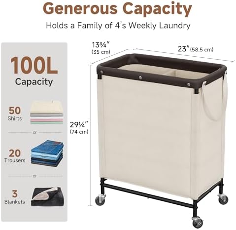 StorageWorks 2 Section Laundry Hamper, 100L Beige Sorter Cart with Wheels