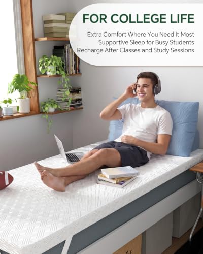 College Dorm Room Essential Twin XL Memory Foam Mattress Topper Pad