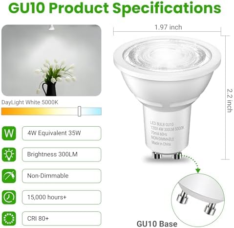 TJOY GU10 LED Bulbs, MR16 Track Light Bulbs, 4W 5000K Daylight, 6 Pack