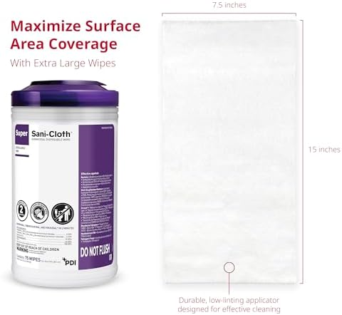 Super Sani-Cloth X-Large Germicidal Disposable Wipe, Hospital-Grade Disinfection, Purple Top, 1 Canister of 75 XL 5'' x 8'' Wipes