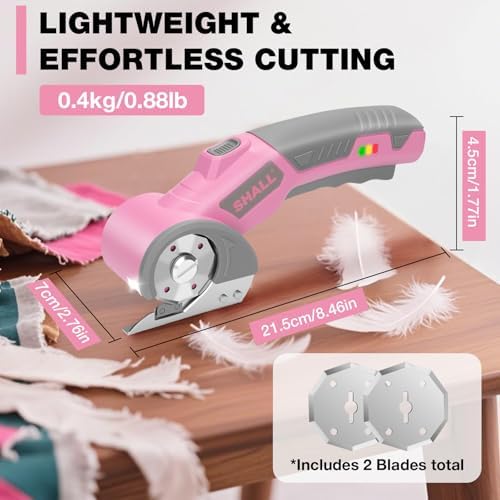 SHALL 4V Cordless Electric Scissors, Rechargeable Cardboard Cutter, Rotary Electric Box Cutter w/Safety Lock, LED Light & Replacement Blade for Fabric, Leather, Carpet, Cardboard & Plastic, Pink/Grey