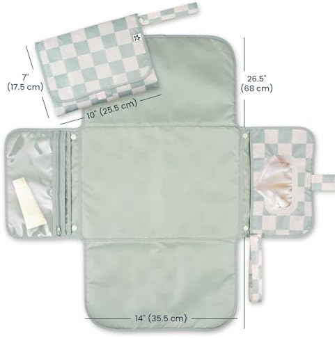Tiny Twinkle Portable Diaper Changing Pad | Waterproof, Wipeable & Compact Baby Changing Pad for Travel | Smart Wipes Pocket & Organized Storage| Newborn Shower Gift (Sage Checkers)