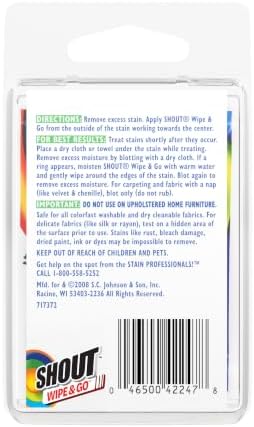 Shout Wipes, Wipe and Go Instant Stain Remover, Laundry Stain and Spot Remover for On-the-Go, 4 Wipes (Pack of 1)