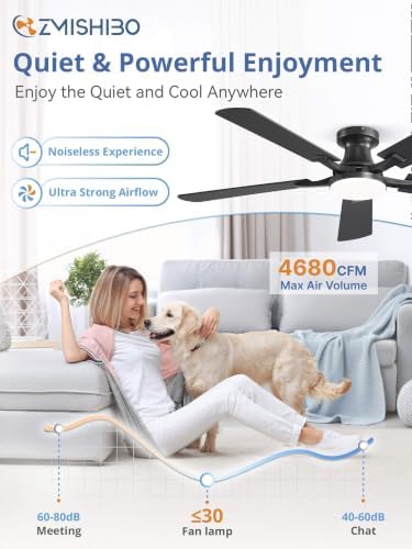 ZMISHIBO 52 Inch Ceiling Fans with Lights, Remote&App Control, Flush Mount
