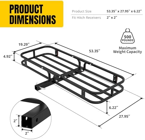 MaxxHaul 70107 53" x 19-1/2" Hitch Cargo Carrier - Trailer Mount Steel With High Side Rails For RV's, Trucks, SUV's, Vans, Cars 2" Receiver 500-lb Load Capacity , Black