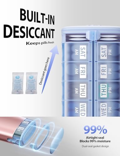 Vaydeer Metal 7 Day Travel Pill Organizer 2 Times a Day, Built-in Desiccant