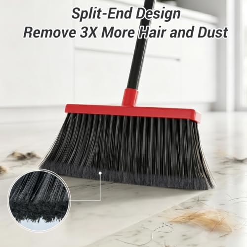Broom with Dustpan Set for Pet Hair & Dust Cleanup, Red & Gray