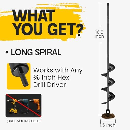 Garden Auger Drill Bit for Planting 1.6" x 16.5" -3/8" Hex Drive Compatible